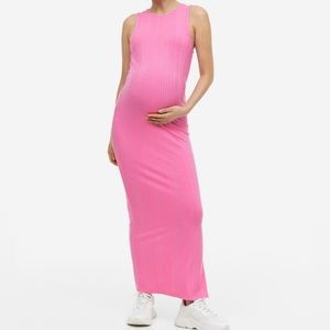 Pink Ribbed Maternity Midi/Maxi Dress